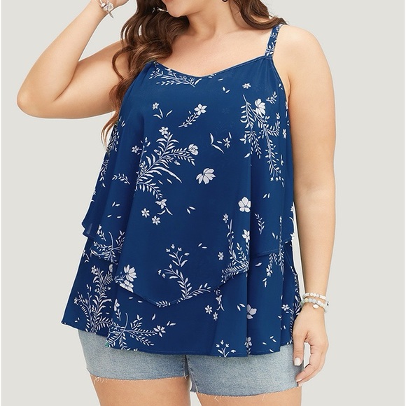 BloomChic Tops - BloomChic Blue & White Floral Tiered Tank Top Plus Size 1X